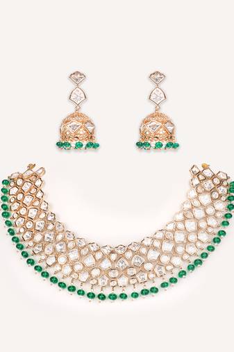 Gold plated green stone kundan necklace set