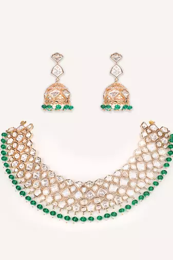 Gold plated green stone kundan necklace set