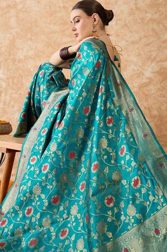 sky blue banarasi art silk saree with stunning weaving work 
