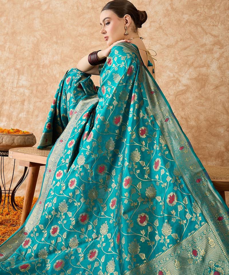 sky blue banarasi art silk saree with stunning weaving work 