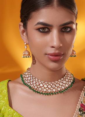 Gold plated green stone kundan necklace set 2