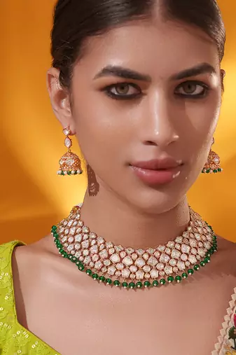 Gold plated green stone kundan necklace set
