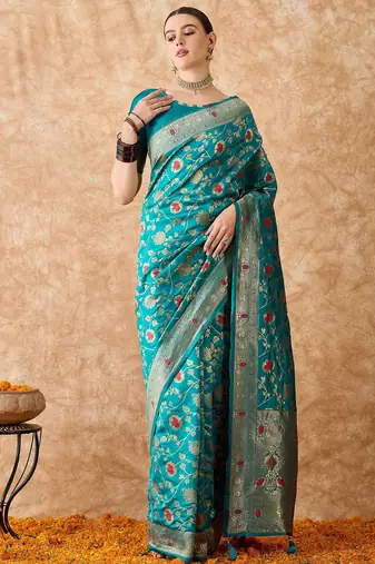 sky blue banarasi art silk saree with stunning weaving work 