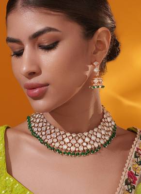 Gold plated green stone kundan necklace set 3
