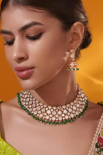 Gold plated green stone kundan necklace set