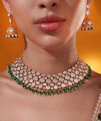 Gold plated green stone kundan necklace set 4