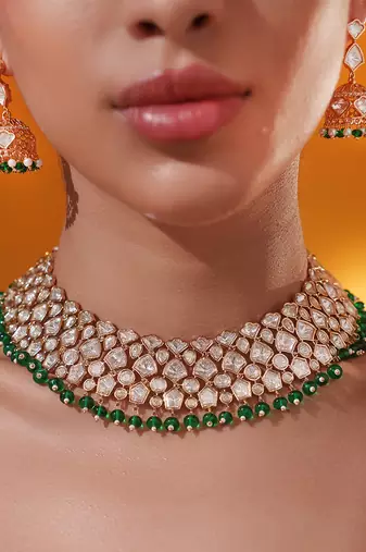 Gold plated green stone kundan necklace set