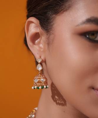 Gold plated green stone kundan necklace set 5