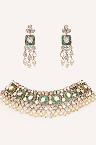 Gold plated green stone kundan necklace set