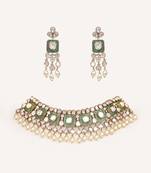 Gold plated green stone kundan necklace set