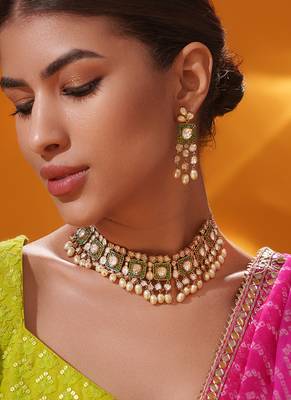 Gold plated green stone kundan necklace set 2