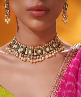 Gold plated green stone kundan necklace set 5