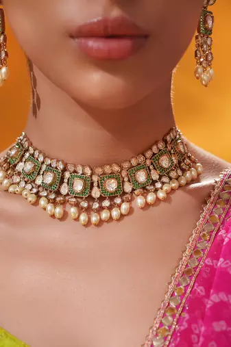 Gold plated green stone kundan necklace set