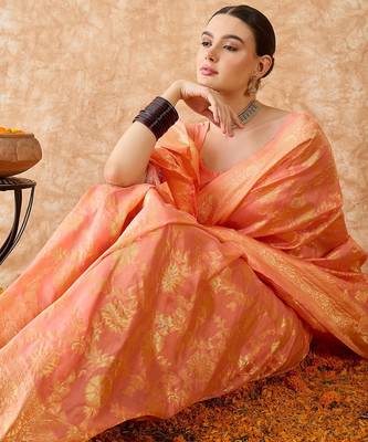 peach banarasi art silk saree with elegant weaving work  1
