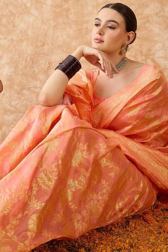 peach banarasi art silk saree with elegant weaving work 