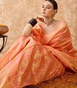 peach banarasi art silk saree with elegant weaving work 
