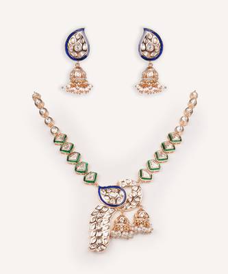 Gold plated green stone kundan necklace set 1