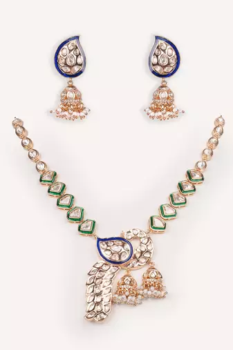 Gold plated green stone kundan necklace set
