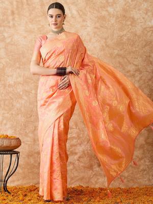 peach banarasi art silk saree with elegant weaving work  2