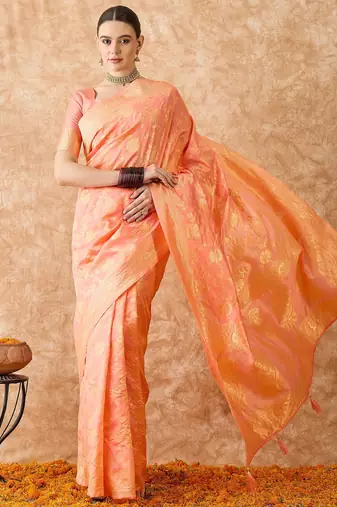 peach banarasi art silk saree with elegant weaving work 