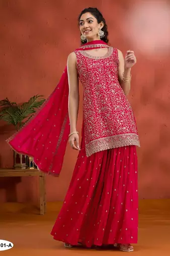 Red blooming georgette semi stitched suit with heavy embroidery & sequence work