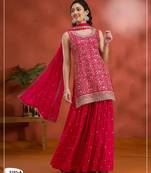 Red blooming georgette semi stitched suit with heavy embroidery & sequence work