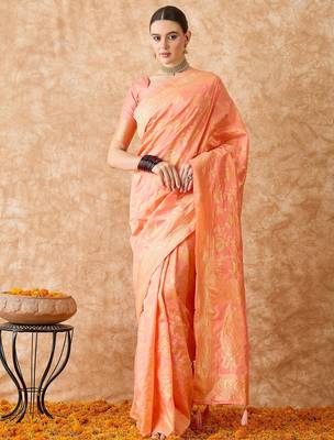 peach banarasi art silk saree with elegant weaving work  3