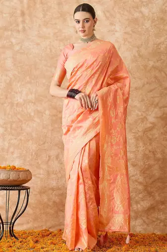 peach banarasi art silk saree with elegant weaving work 