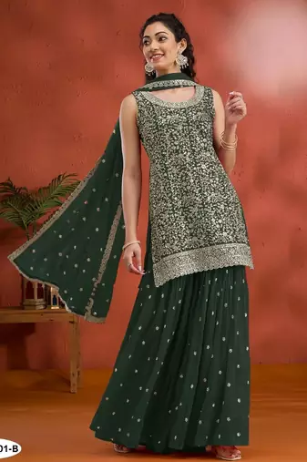 Green blooming georgette semi stitched suit with heavy embroidery & sequence work