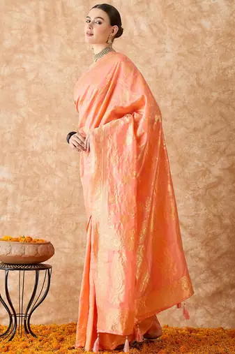 peach banarasi art silk saree with elegant weaving work 