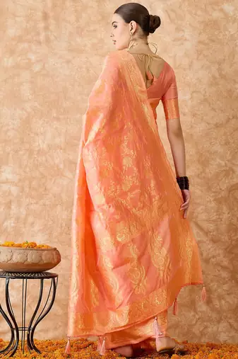 peach banarasi art silk saree with elegant weaving work 