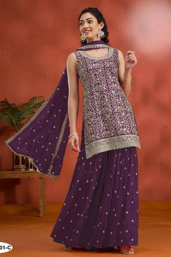 Purple blooming georgette semi stitched suit with heavy embroidery & sequence work