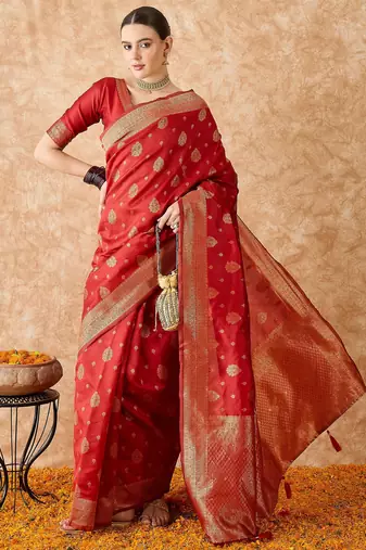 red banarasi art silk saree for women with beautiful weaving 