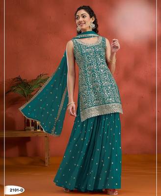 Teal green blooming georgette suit with heavy embroidered sequin  1