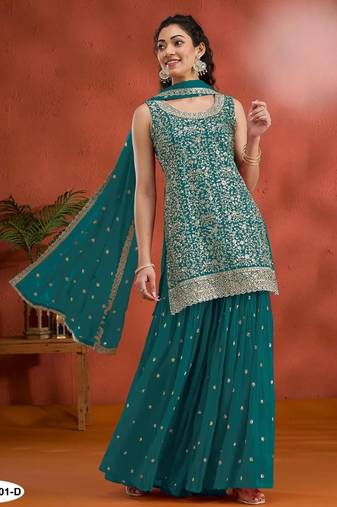 Teal green blooming georgette semi stitched suit with heavy embroidery & sequence work