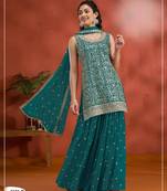 Teal green blooming georgette semi stitched suit with heavy embroidery & sequence work