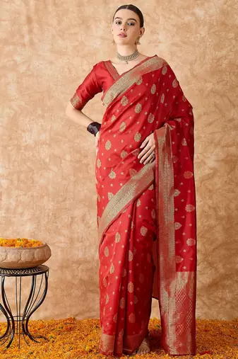 red banarasi art silk saree for women with beautiful weaving 