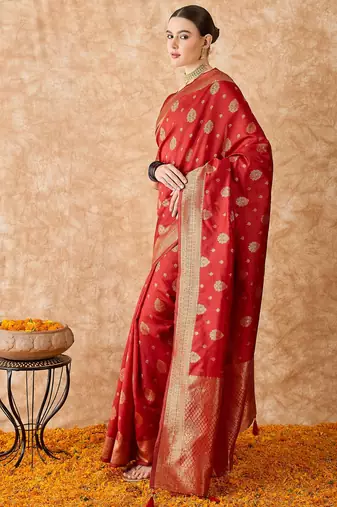 red banarasi art silk saree for women with beautiful weaving 
