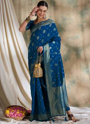 petrol blue banarasi art silk saree with classic weaving details  1