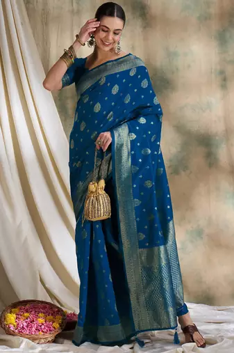 petrol blue banarasi art silk saree with classic weaving details 