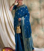 petrol blue banarasi art silk saree with classic weaving details 