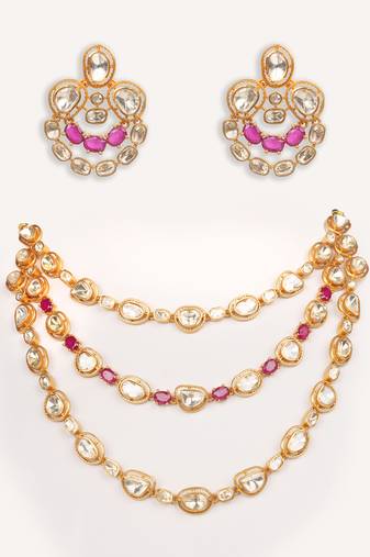 Gold plated red stone kundan necklace set