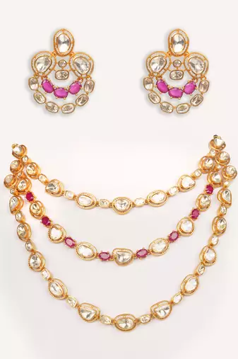 Gold plated red stone kundan necklace set