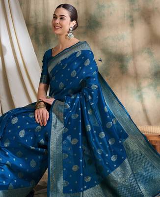 petrol blue banarasi art silk saree with classic weaving details  2