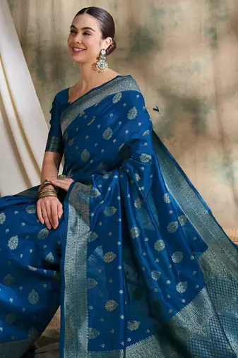 petrol blue banarasi art silk saree with classic weaving details 