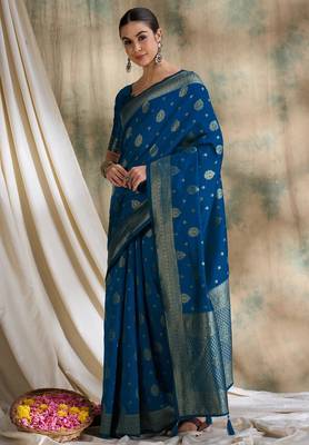petrol blue banarasi art silk saree with classic weaving details  3