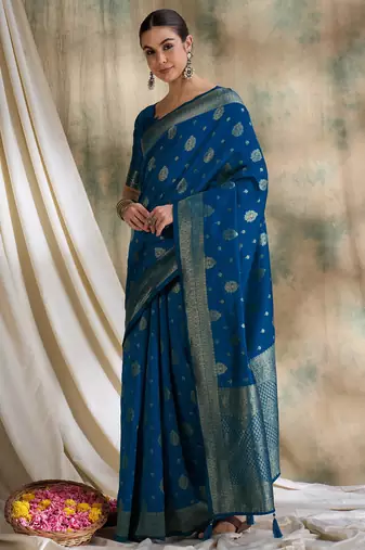 petrol blue banarasi art silk saree with classic weaving details 