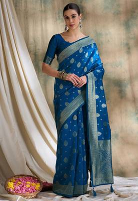 petrol blue banarasi art silk saree with classic weaving details  4
