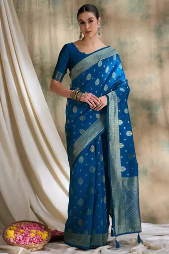 petrol blue banarasi art silk saree with classic weaving details 