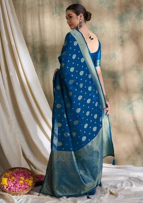 petrol blue banarasi art silk saree with classic weaving details  5